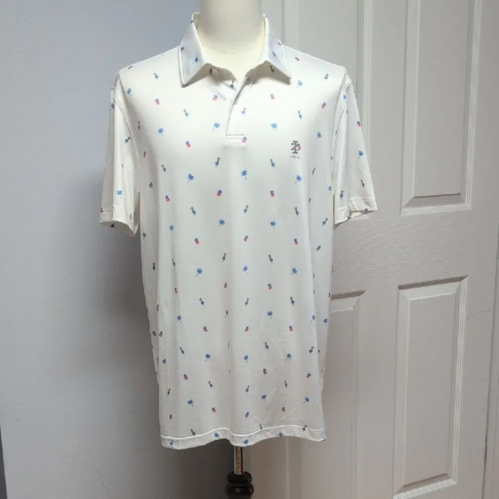 Izod White Polo Hula Girls Pineapples Palm Trees Reds/Blues Silky Sheen Size L